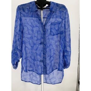Diane von Furstenberg DVF Lorelei Two Silk Blouse Blue White Leaf Print Size 12